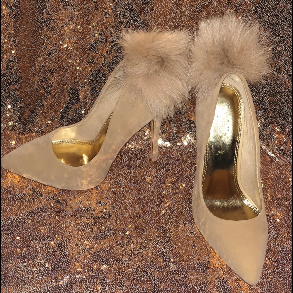 Suede Nude Fur Pom High Heel